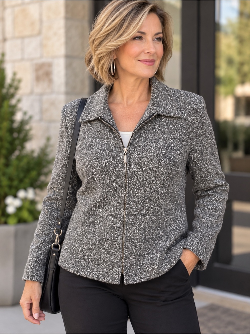 𝘽𝙧𝙞𝙜𝙜𝙨 Petite Blazer 10P Black White Textured Tweed Zip Front Career Jacket